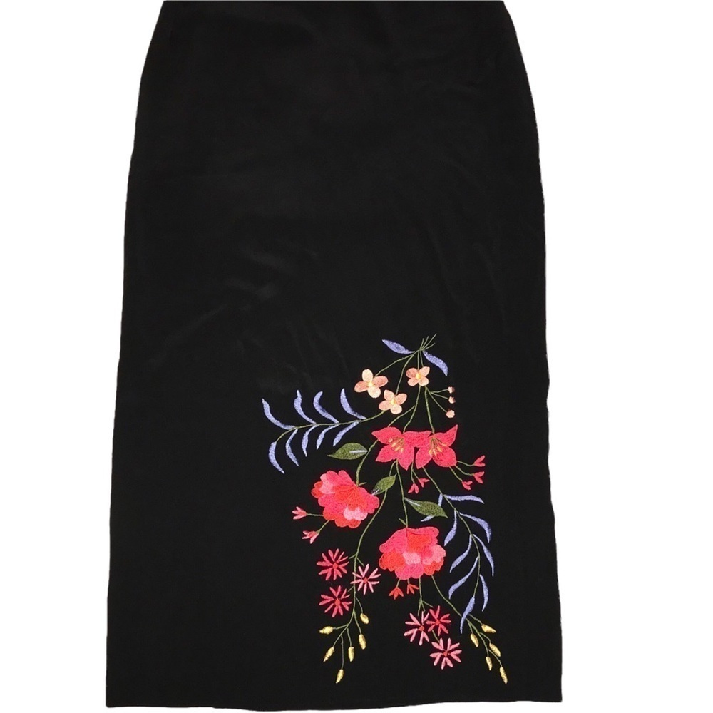 Wrap Skirt 100% Silk Floral Embroidered Wrap Tie Maxi Skirt Black Size 6